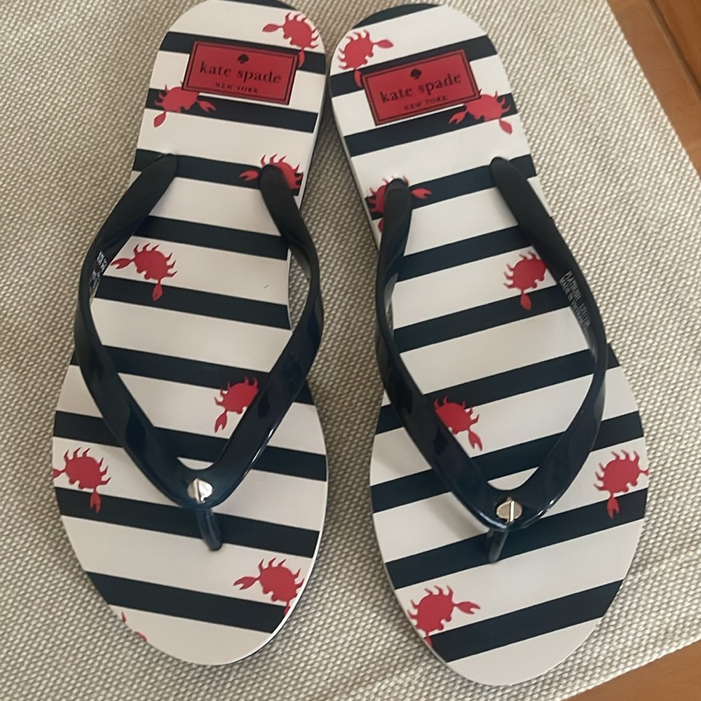 NWT-Kate Spade Blue and White Flip Flops with Red Crab Accents
